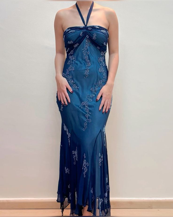 Blue Chiffon Long Prom Dresses Elegant Beaded Party Dresses HZ1024