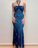 Blue Chiffon Long Prom Dresses Elegant Beaded Party Dresses HZ1024