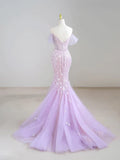 Off-Shoulder Tulle Sequin Long Prom Dress Purple Formal Dress HZ1024