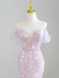 Off-Shoulder Tulle Sequin Long Prom Dress Purple Formal Dress HZ1024