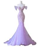Off-Shoulder Tulle Sequin Long Prom Dress Purple Formal Dress HZ1024