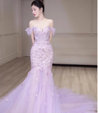 Off-Shoulder Tulle Sequin Long Prom Dress Purple Formal Dress HZ1024