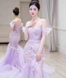 Off-Shoulder Tulle Sequin Long Prom Dress Purple Formal Dress HZ1024