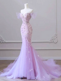Off-Shoulder Tulle Sequin Long Prom Dress Purple Formal Dress HZ1024
