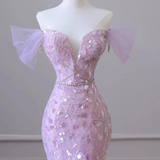 Off-Shoulder Tulle Sequin Long Prom Dress Purple Formal Dress HZ1024