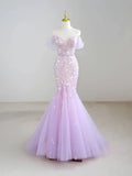 Off-Shoulder Tulle Sequin Long Prom Dress Purple Formal Dress HZ1024