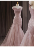 Mermaid Strapless Tulle Sequined Long Prom Dress Sweet Wedding Dress HZ1024