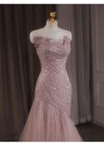 Mermaid Strapless Tulle Sequined Long Prom Dress Sweet Wedding Dress HZ1024
