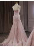 Mermaid Strapless Tulle Sequined Long Prom Dress Sweet Wedding Dress HZ1024