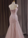 Mermaid Strapless Tulle Sequined Long Prom Dress Sweet Wedding Dress HZ1024