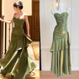 Spaghetti Straps Blue Chiffon Satin Ruffles Long Prom Dresses Fairytale Evening Dresses HZ1024