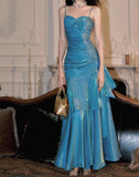 Spaghetti Straps Blue Chiffon Satin Ruffles Long Prom Dresses Fairytale Evening Dresses HZ1024
