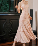 Spaghetti Straps Blue Chiffon Satin Ruffles Long Prom Dresses Fairytale Evening Dresses HZ1024