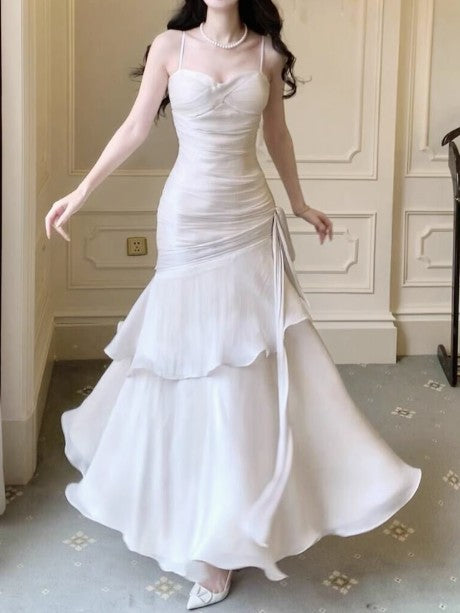Spaghetti Straps Blue Chiffon Satin Ruffles Long Prom Dresses Fairytale Evening Dresses HZ1024