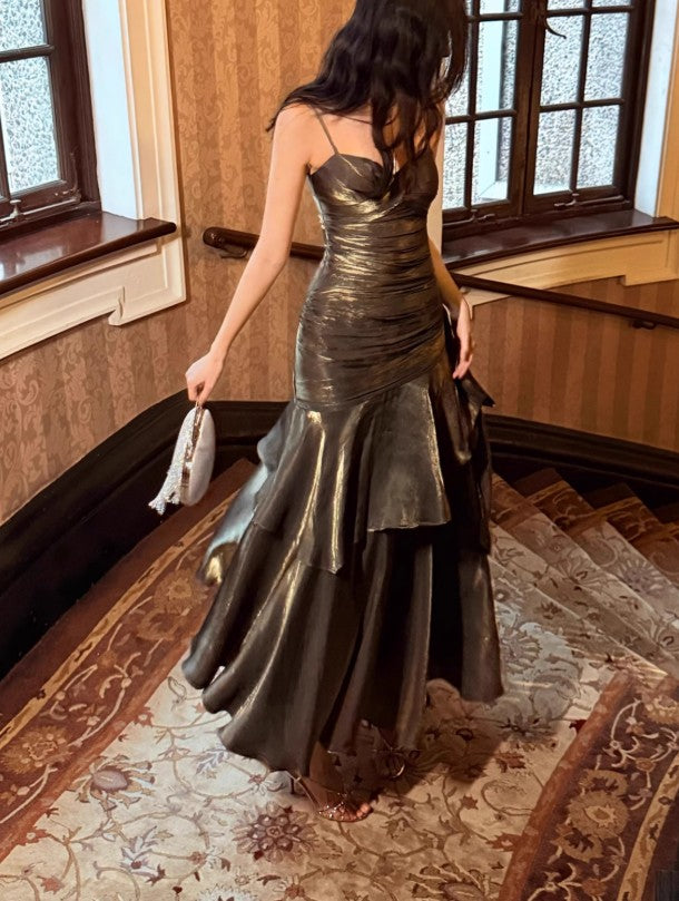 Spaghetti Straps Blue Chiffon Satin Ruffles Long Prom Dresses Fairytale Evening Dresses HZ1024