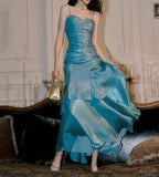 Spaghetti Straps Blue Chiffon Satin Ruffles Long Prom Dresses Fairytale Evening Dresses HZ1024
