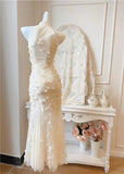 Apricot Mermaid Turtleneck Tulle 3D Flower Prom Dress HZ1024