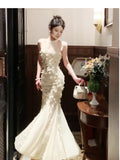 Apricot Mermaid Turtleneck Tulle 3D Flower Prom Dress HZ1024