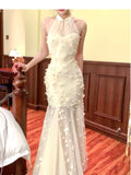 Apricot Mermaid Turtleneck Tulle 3D Flower Prom Dress HZ1024