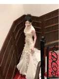 Apricot Mermaid Turtleneck Tulle 3D Flower Prom Dress HZ1024