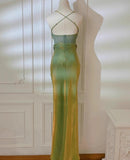 Green Mermaid Spaghetti Straps Prom Dress Backless Birthday Graduation Prom Dress HZ1024