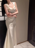 White Mermaid Square Neck Satin Prom Dress Birthday Dress HZ1024