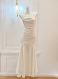 White Mermaid Square Neck Satin Prom Dress Birthday Dress HZ1024