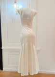 White Mermaid Square Neck Satin Prom Dress Birthday Dress HZ1024