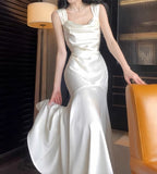 White Mermaid Square Neck Satin Prom Dress Birthday Dress HZ1024