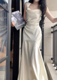 White Mermaid Square Neck Satin Prom Dress Birthday Dress HZ1024