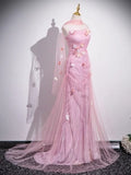 Mermaid Strapless Tulle 3D Applique Long Prom Dress Sweet Wedding Dress HZ1024