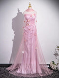 Mermaid Strapless Tulle 3D Applique Long Prom Dress Sweet Wedding Dress HZ1024