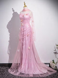 Mermaid Strapless Tulle 3D Applique Long Prom Dress Sweet Wedding Dress HZ1024