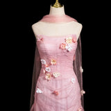 Mermaid Strapless Tulle 3D Applique Long Prom Dress Sweet Wedding Dress HZ1024