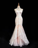 Pink Strapless Mermaid Tulle Lace Long Prom Dress Sweetheart Neckline Formal Dress HZ1024