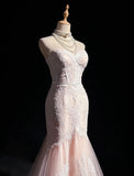 Pink Strapless Mermaid Tulle Lace Long Prom Dress Sweetheart Neckline Formal Dress HZ1024