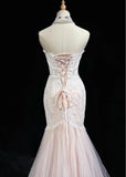 Pink Strapless Mermaid Tulle Lace Long Prom Dress Sweetheart Neckline Formal Dress HZ1024