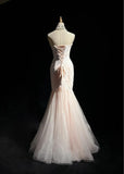 Pink Strapless Mermaid Tulle Lace Long Prom Dress Sweetheart Neckline Formal Dress HZ1024