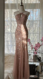Blush Pink Spaghetti Strap Mermaid Tulle Sequin Long Prom Dress Beaded Graduation Prom Adult Ceremony Dress HZ1024