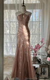 Blush Pink Spaghetti Strap Mermaid Tulle Sequin Long Prom Dress Beaded Graduation Prom Adult Ceremony Dress HZ1024