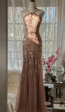 Blush Pink Spaghetti Strap Mermaid Tulle Sequin Long Prom Dress Beaded Graduation Prom Adult Ceremony Dress HZ1024