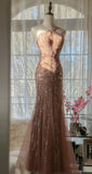 Blush Pink Spaghetti Strap Mermaid Tulle Sequin Long Prom Dress Beaded Graduation Prom Adult Ceremony Dress HZ1024