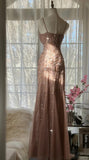 Blush Pink Spaghetti Strap Mermaid Tulle Sequin Long Prom Dress Beaded Graduation Prom Adult Ceremony Dress HZ1024
