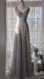Purple A-Line V Neck Tulle Lace Long Prom Dress Gorgeous Evening Dress HZ1024
