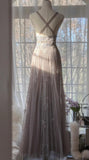 Purple A-Line V Neck Tulle Lace Long Prom Dress Gorgeous Evening Dress HZ1024