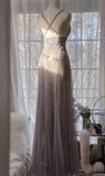Purple A-Line V Neck Tulle Lace Long Prom Dress Gorgeous Evening Dress HZ1024