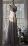 Purple A-Line V Neck Tulle Lace Long Prom Dress Gorgeous Evening Dress HZ1024