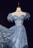 A-Line Sweetheart Neck Tulle Sequin Long Prom Dress Exquisite Birthday Dress HZ1024