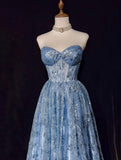A-Line Sweetheart Neck Tulle Sequin Long Prom Dress Exquisite Birthday Dress HZ1024