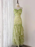 Green Mermaid Vintage Party Dresses Sweetheart Chiffon Beaded Layed Prom Dresses HZ1024